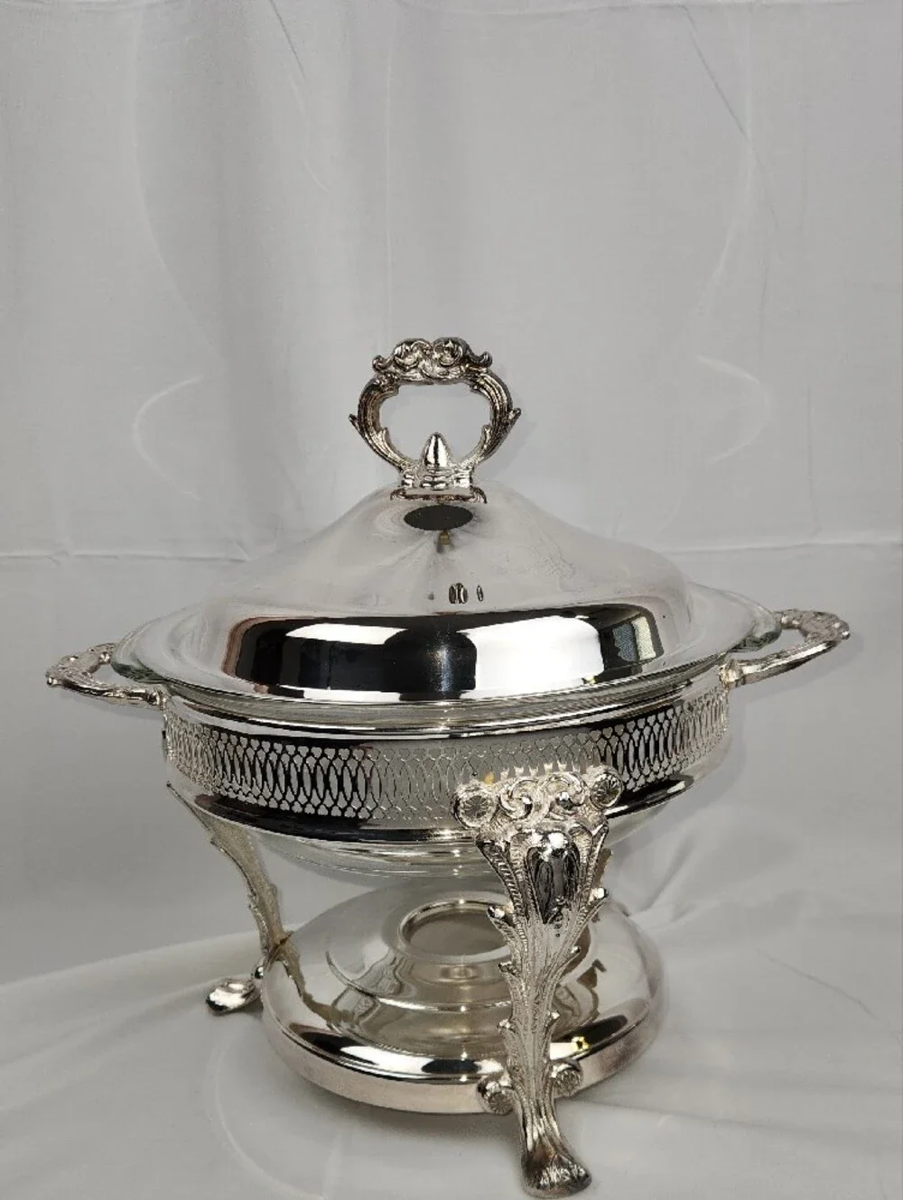Vntg English Silver/Leonard Silverplated Chaffing Dish Anchor Hocking Glass Bowl